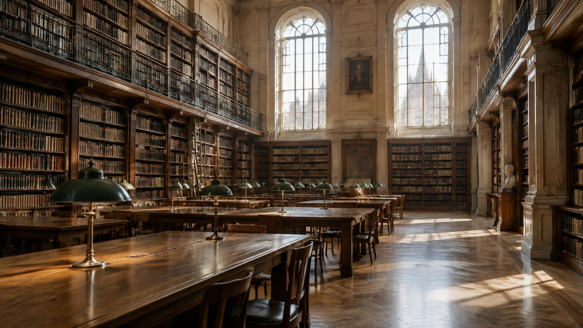 Empty grand reading room of a historic library with warm light