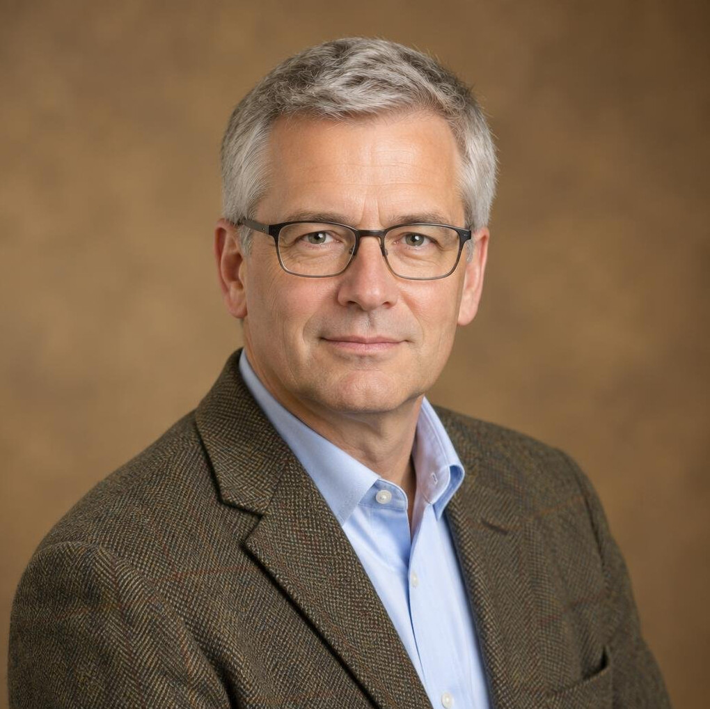 Studio portrait of a German man in his fifties with grey hair and glasses, academic attire