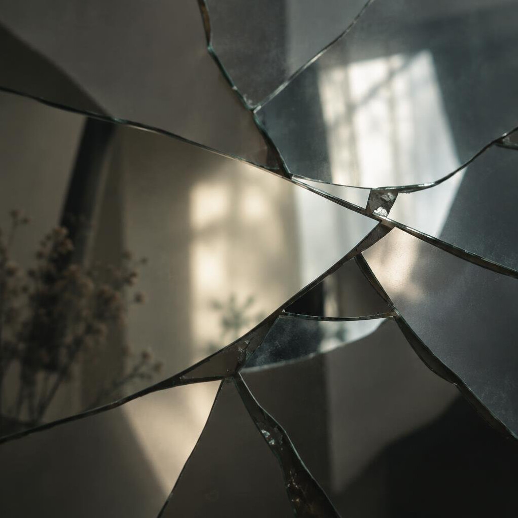 Fragmented reflection of a window in broken glass or mirror shards