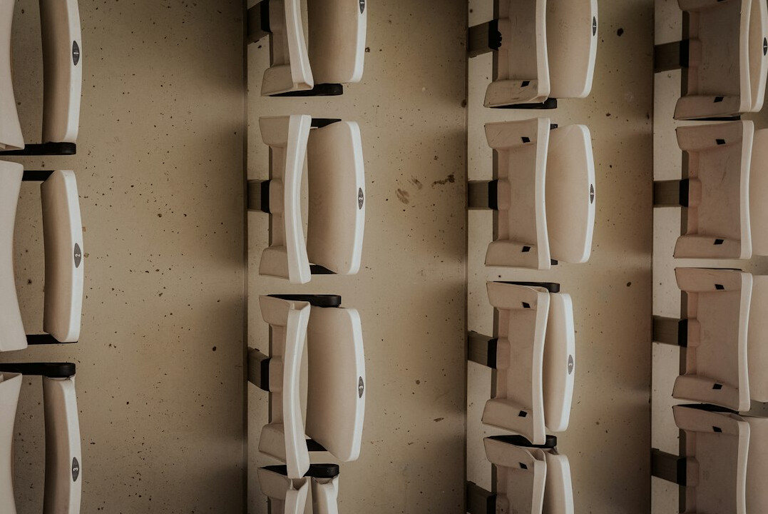 Rows of empty theater seats photographed from above