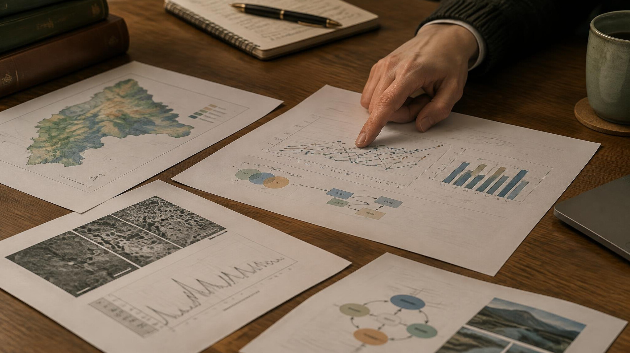 Close-up of a researcher reviewing printed documents and charts on a wooden desk