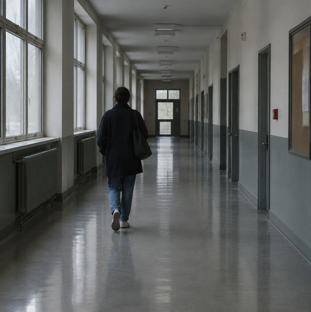 Anonymous person walking away down an empty corridor seen from behind